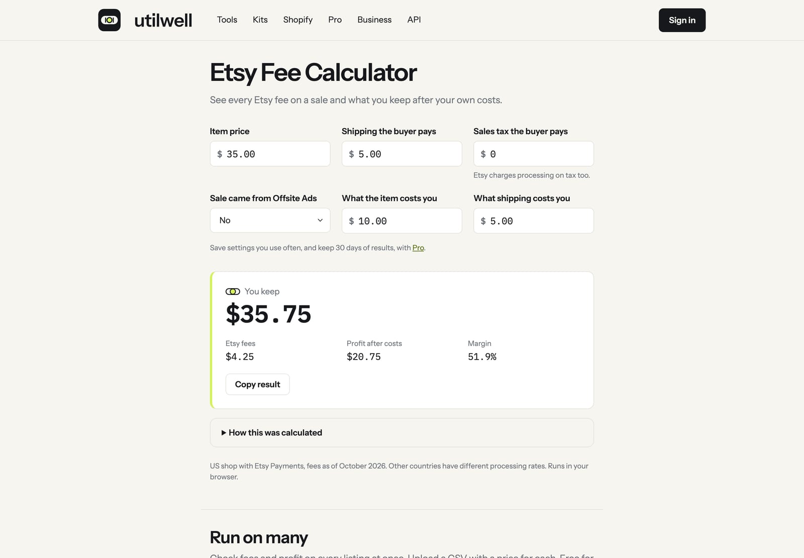 Utilwell Etsy Fee Calculator showing every fee on a $35 sale and the profit left