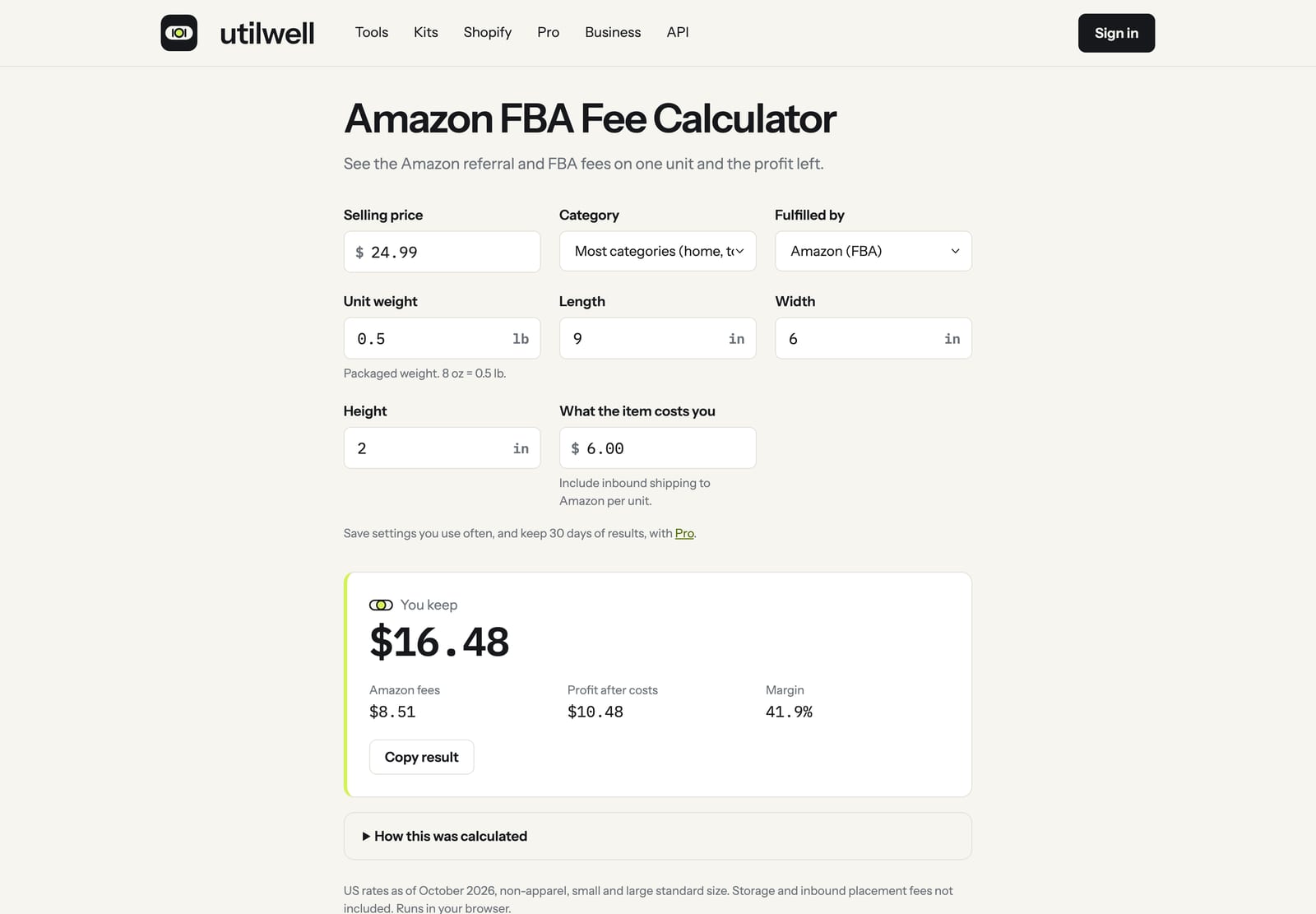 Utilwell Amazon FBA Fee Calculator showing referral and fulfillment fees for one unit