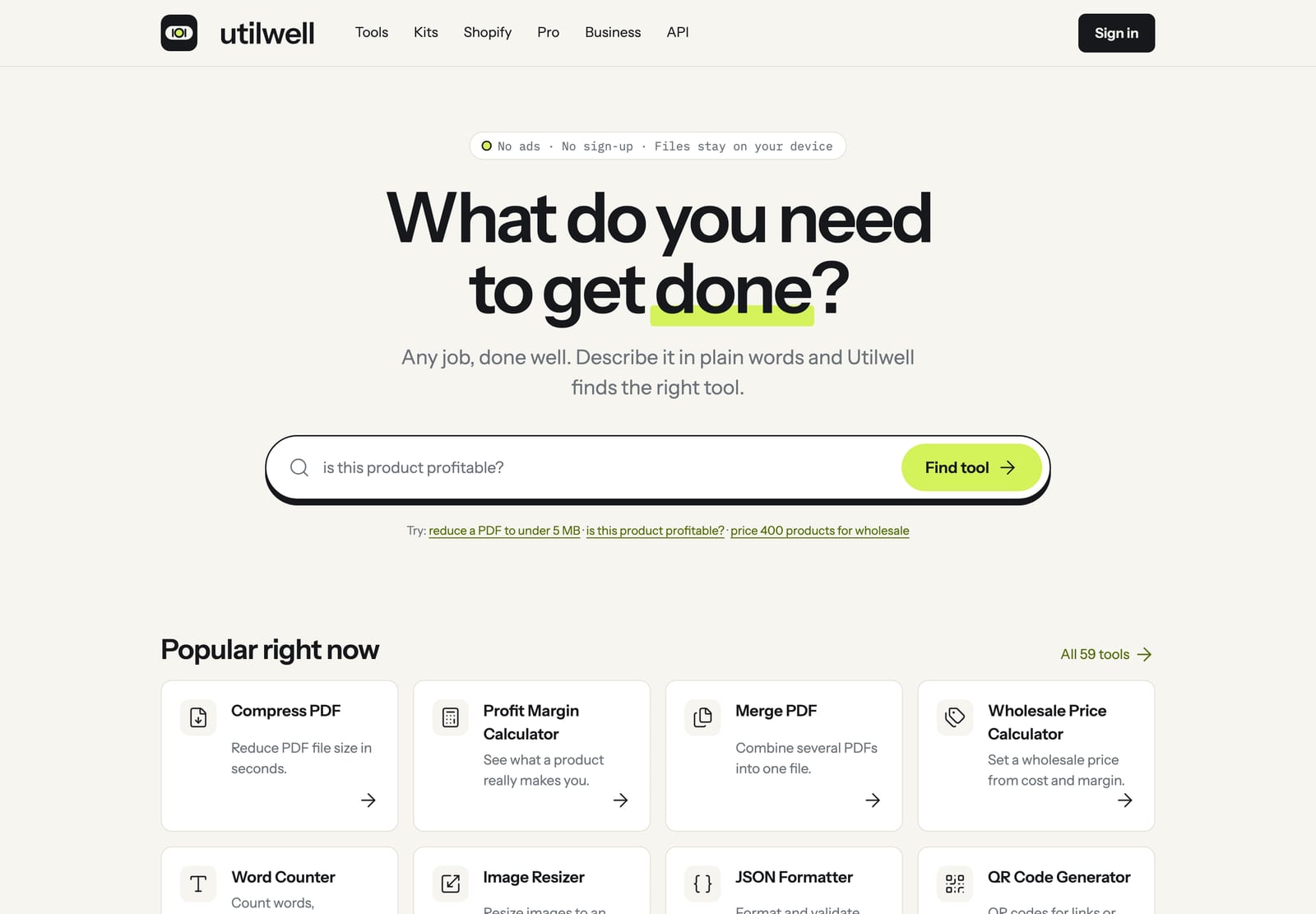 The Utilwell homepage: describe what you need to get done and it finds the right tool